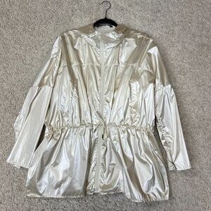 Zara Shimmering Crème Hooded Wind Breaker Cinch Waist Jacket